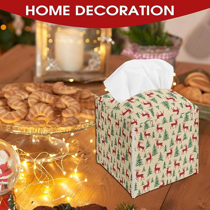 Christmas Trees Reindeer Leather Tissue Box Cover Holder, Tissue Box Cover Square, Ideas for Family Friends, Bathroom Kitchen Car Office Home Table Decor(5.2 Inches)-B13
