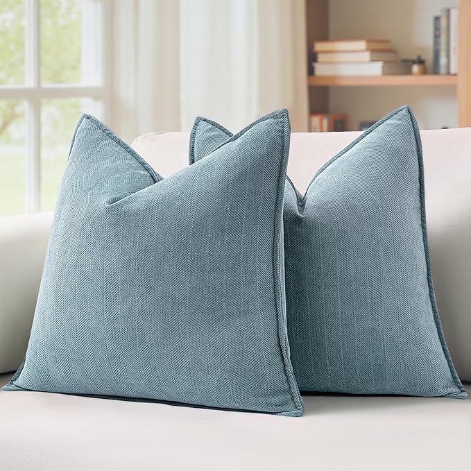 MIULEE Pack of 2 Dusty Blue Decorative Pillow Covers 18x18 Inch Soft Chenille Luxurious Couch Throw Pillows Farmhouse Cushion Covers with Elegant Design for Sofa Bedroom Living Room Spring Home Decor