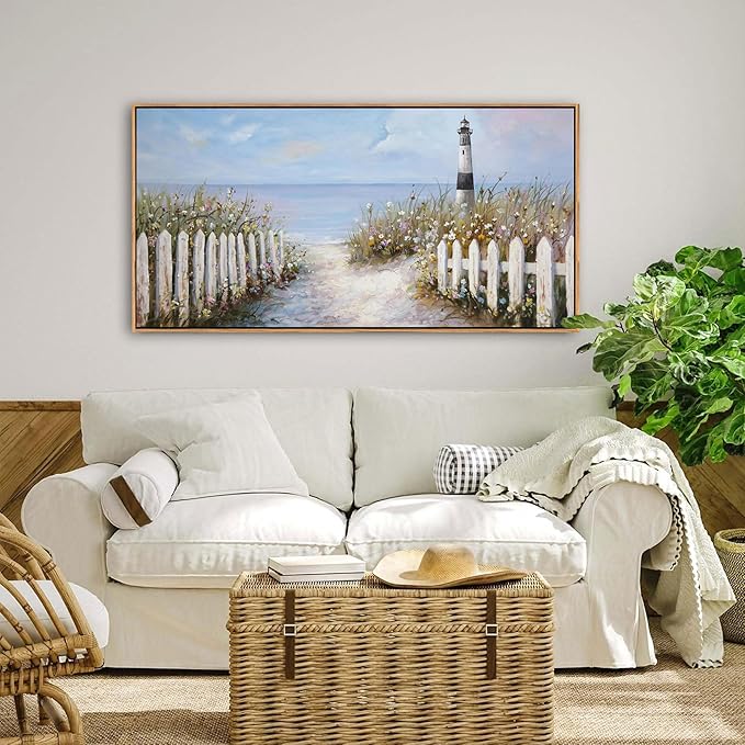 Ocean Wall Art for Living Room - Coastal Canvas Artwork for Walls, Vintage Landscape with Lighthouse, Farmhouse Beach Pictures, Framed Bedroom Wall Decor 20×40IN