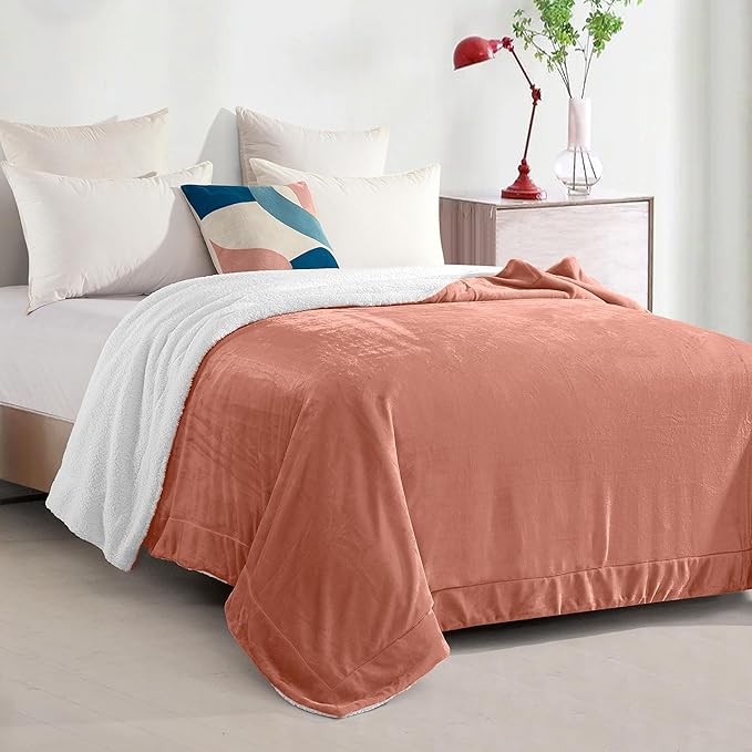 Elegant Comfort Ultra Soft Reversible Flannel Sherpa Blanket - Cozy Silky Fleece Throw for Couch, Bed - Plush Fuzzy Warm Winter Blanket for Gift, Full, Coral