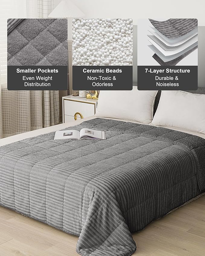 Sherpa Fleece Adult Weighted Blanket with Ribbed Stripes, 15 Pounds Dual Sided Soft Plush Blanket for Couch Bed Sofa, Heavy Thick Blankets with Ceramic Beads Great for Sleep, Grey, 48" x 72"