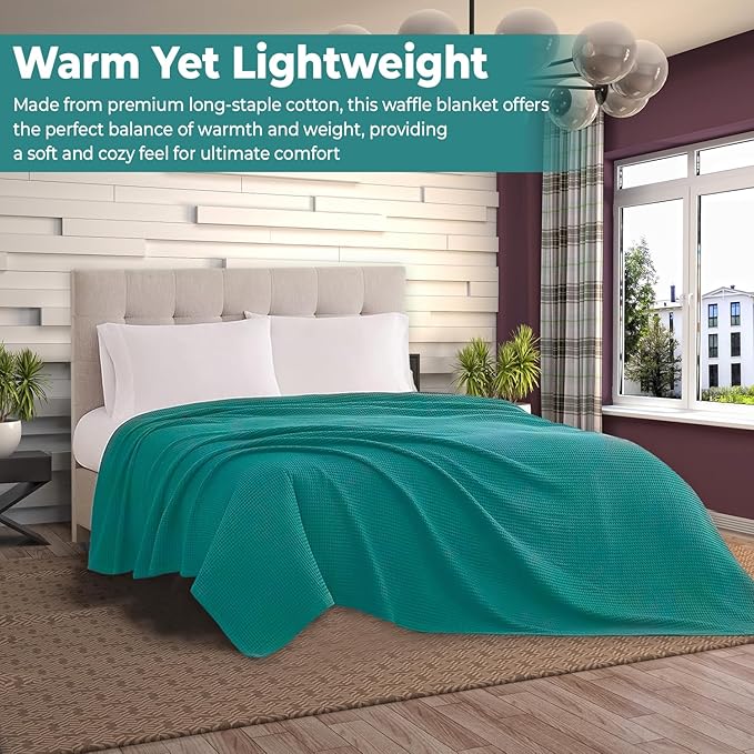 100% Cotton Blankets for Bed - Waffle Weave Blankets for Summer, Lightweight and Breathable Soft Woven Blanket for Spring (Teal, Throw (50" x 60"))