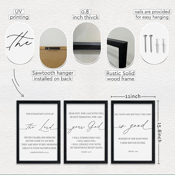 Bible Verses Christian Wall Decor Art The Lord Your God Is Good 16"x11" Set of 3 Scripture Bedroom Above Bed Sign Religious Rustic Home Office Living Room Wall Hanging (Black)