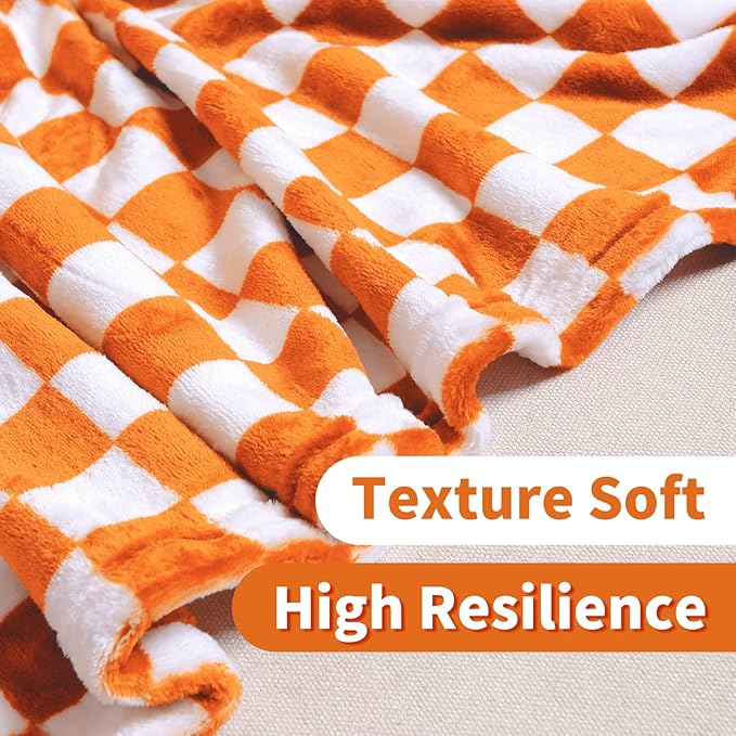 FY FIBER HOUSE Checkered Flannel Fleece Throw Blanket Soft Cozy Checkerboard Grid Print Chessboard Gingham Pattern Blankets for Bed Couch Sofa, 60"x80", Orange