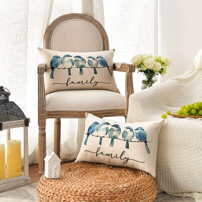 AVOIN colorlife Home Sweet Home Bluebird Family Watercolor Throw Pillow Cover, 12 x 20 Inch Blue Cushion Case Decoration for Sofa Couch Set of 2