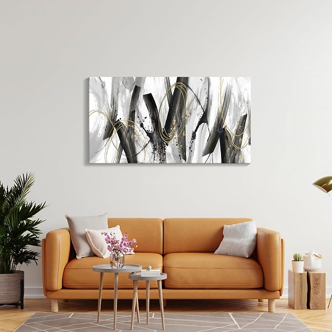 AJAZIKO Black and Gold Modern Wall Art - Large Abstract Wall Art Decor for Living Room, Bedroom, Office - Elegant Black and White Painting for Stylish Home Decor