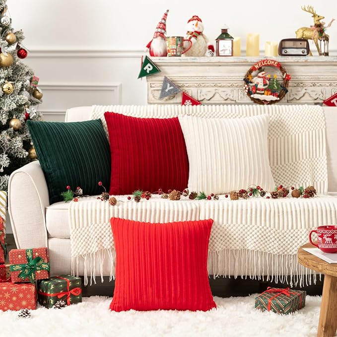 UGASA Super Soft Flannel Pillow Covers Christmas Decor Striped Practical Classic for Sofa/Bedroom, 2 Pcs, 18x18 Inch, Red