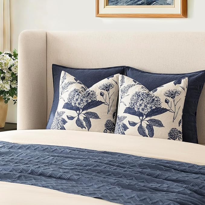 Foindtower Set of 2 Linen Floral Vintage Throw Pillow Covers Neutral Accent Print Decorative Cozy Cushion Covers Farmhouse Boho Home Decor for Sofa Chair Couch Bed Living Room,18×18 Inch,Navy Blue