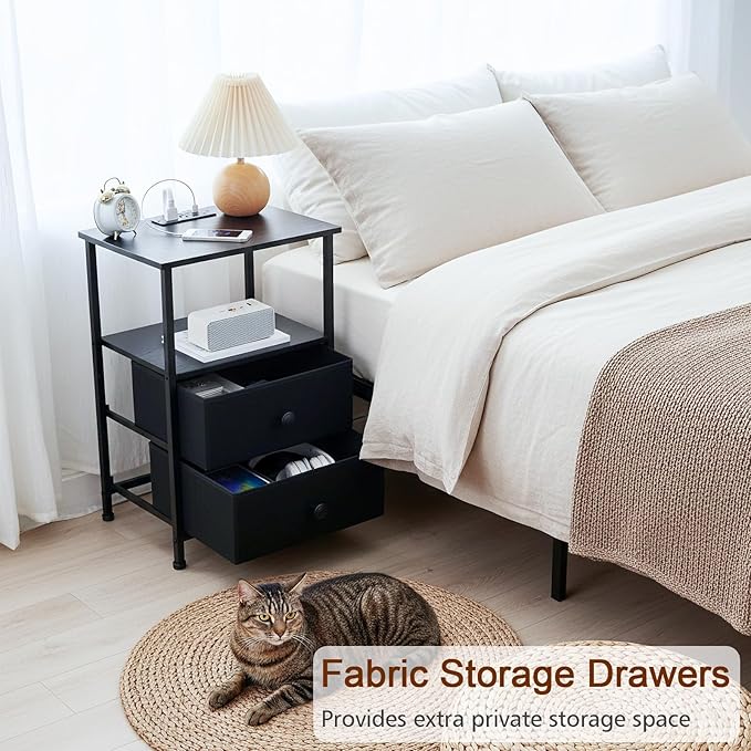 Night Stand Set 2, Black Nightstand with Charging Station, End Tables with Storage Shelf for Small Spaces, Bedside Table Side Tables with 2 Fabric Drawers for Bedroom, HETS020BK