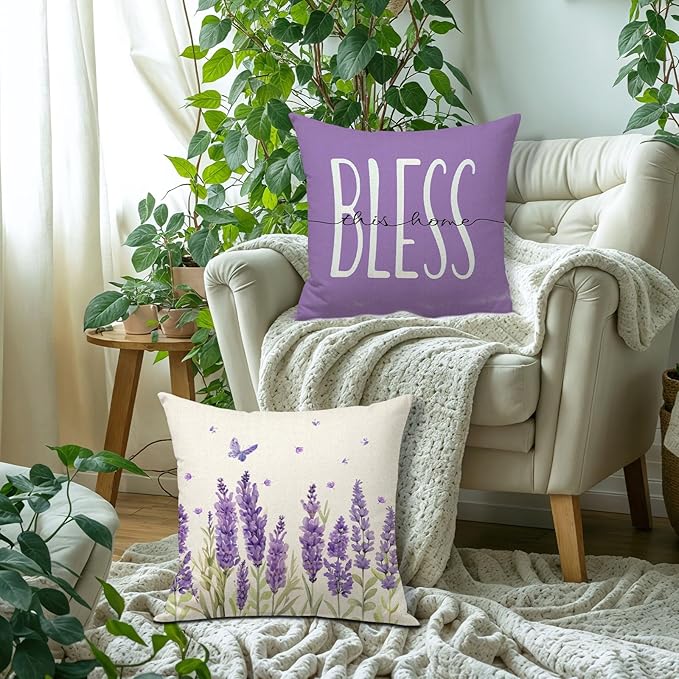 Spring Pillow Covers 20x20 Inch Set of 4 Lavender Home Sweet Home Purple Throw Pillows Decorative Pillow Cases Summer Seasonal Farmhouse Decorations for Sofa Couch