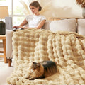 L'AGRATY Faux Rabbit Fur Blanket: 90" x 90" Queen Luxury Soft Fluffy Thick Fur Throw Blanket for Couch Bed - Cozy Plush Bubble Blankets for Winter: Flannel Fleece Decorative Blanket(Milk Tea Brown)