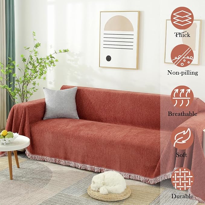 HANDONTIME Chenille Couch Covers Brick Red Sofa Cover for Dogs Terracotta Sectional Couch Covers Couch Protector for Dogs Loveseat Covers Furniture Covers Sofa Covers for 3 Cushion Couch, 71" X134"