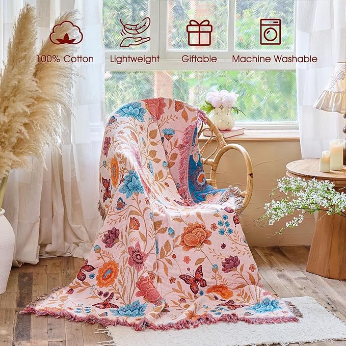 Boho Throw Blanket - 100% Cotton Ultra Soft Muslin Blanket, 50"x60" Lightweight Floral Butterfly Framhouse Bedding Spring Blanket for Bed, All Season Beige Bohemian Bedroom Home Decor Quilt