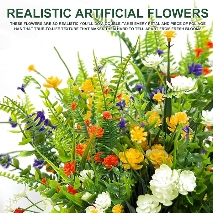 TURNMEON 20 Bundles Artificial Flowers for Outdoors, Spring Grass Camellia Fake Flowers Fern Plants Eucalyptus UV Resistant No Fade Greenery for Garden Porch Indoor Cemetery Summer Decor(Mix 6 Styles)