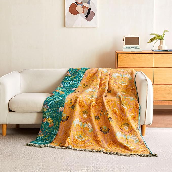Boho Throw Blanket - 50"x60" 100% Cotton Soft Breathable Lightweight Bed Blanket, Reversible Muslin Spring Blankets Green Floral Farmhouse Decor Rustic Quilt for Bed Couch