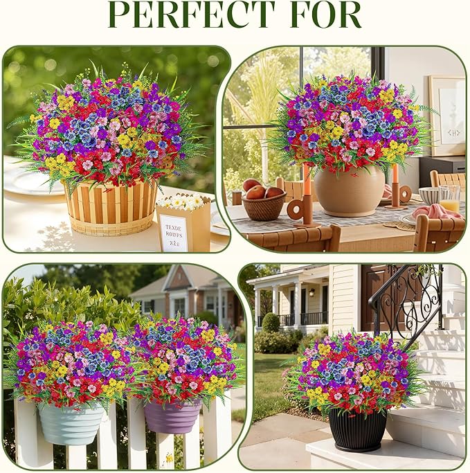 Alupssuc 48 Bundles Artificial Flowers for Outdoors Planters Spring Decoration, UV Resistant Faux Eucalyptus Violet and Lavender Silk Fake Plants for Outside Indoor Yard Home Patio Decor, Mix 6 Colors
