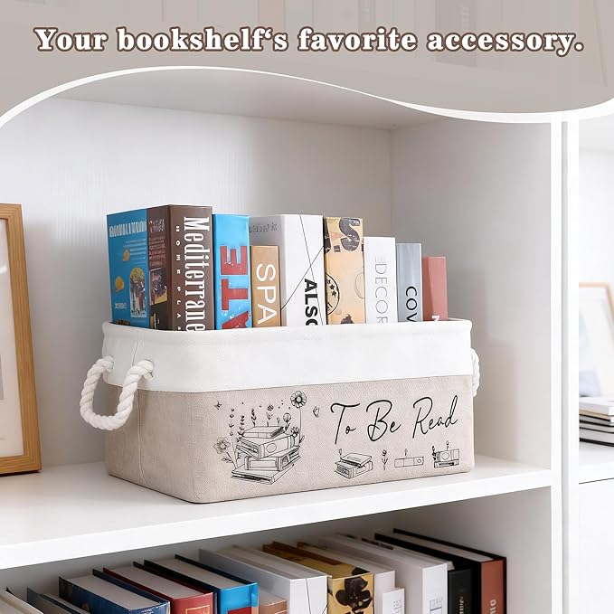Book Lovers Gifts for Women Men – TBR Book Storage Basket with Pocket, Book Basket for Couch & Bedside, Reading Accessories, Book Club Gifts for Teacher Librarian, Decor for Living Room