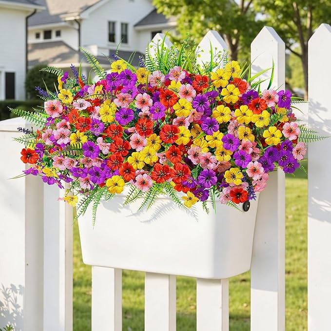 Alupssuc 48 Bundles Artificial Flowers for Outdoors Planters Spring Decoration, UV Resistant Faux Eucalyptus Violet and Lavender Silk Fake Plants for Outside Indoor Yard Home Patio Decor, Mix 4 Colors