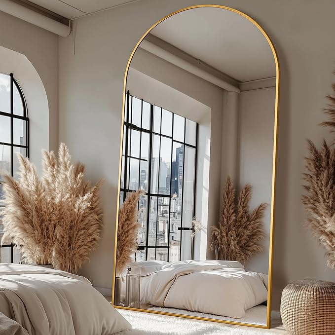 Antok Full Length Mirror, 90"x46" Floor Mirror with Stand, Hanging Mounted Mirrors for Bedroom, Living Room, Cloakroom, Dining Room, Gold, Arched