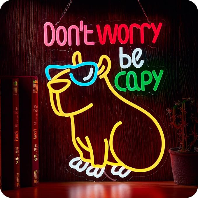 Capybara Don't Worry Be Capy Neon Sign Funny Cartoon LED Signs for Wall Decor Bar Man Cave Party Coffee Home Bedroom Birthday Gifts