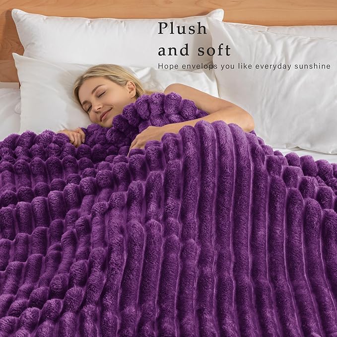 Exclusivo Mezcla King Size Flannel Fleece Blanket, Super Soft Striped Jacquard Bed Blanket, Lightweight Fuzzy Cozy for All Seasons, 90x104 Inches, Purple