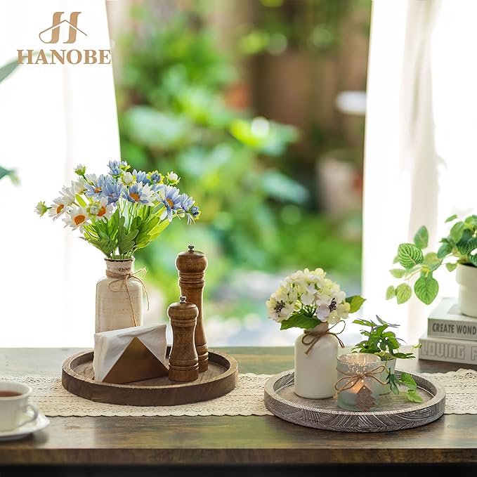 Hanobe Candle Plate Holder Tray: Decorative Wooden Tray Rustic Round Plate Farmhouse Centerpiece Small Candle Holder Trays for Coffee Table Living Room Kitchen Vintage Home Decor
