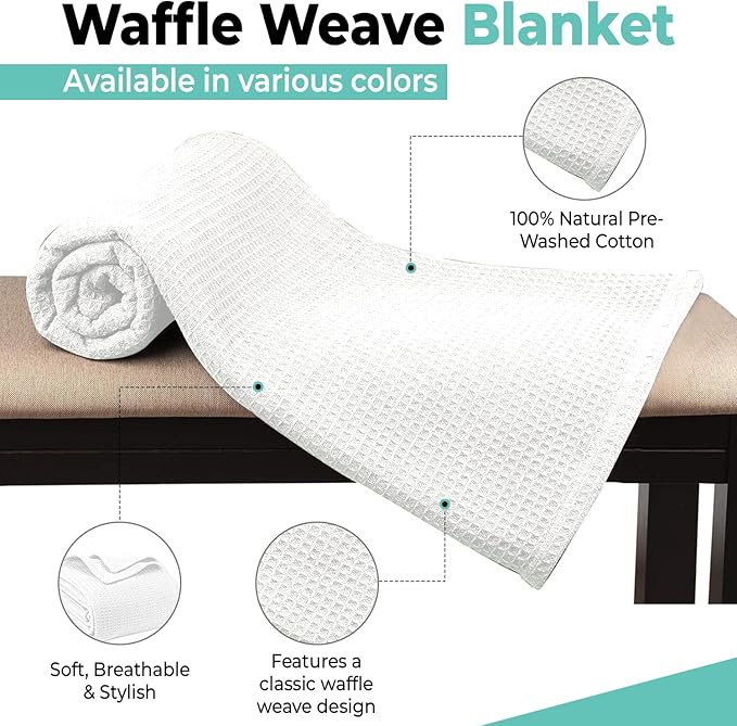 100% Cotton Blankets for Bed - Waffle Weave Blankets for Summer, Lightweight and Breathable Soft Woven Blanket for Spring (White, Queen (90" x 90"))