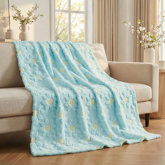 Horaldaily Spring Summer Blanket Throw, Blue Sunflower Soft Fuzzy Plush Faux Fur Cozy Blankets for Couch Sofa Bed Lounging, Ideal Gifts for Kids Adults Wife Self, 50x60