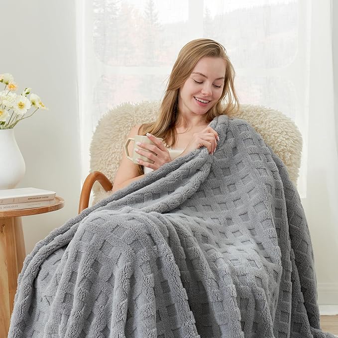 Cozy Bliss Ultrasoft Waffle Throw Blanket, Fluffy Cute Plush Blanket for Couch, Bed, Modern Home Accent, Portable for Picnic or Outdoor, Grey, 108"x90"