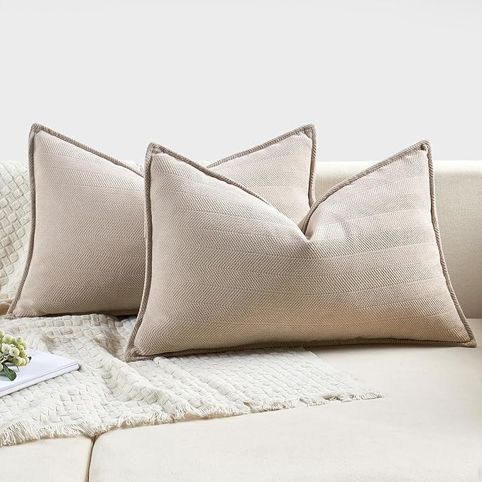 MIULEE Pack of 2 Beige Decorative Lumbar Pillow Covers 12x20 Inch Soft Chenille Luxurious Couch Throw Pillows Farmhouse Cushion Covers with Elegant Design for Sofa Bedroom Living Room Spring Decor