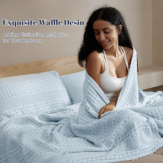 PHF 100% Cotton Waffle Weave Blanket Queen Size for Bed, Soft Lightweight & Breathable for Spring and Summer, All-Season Comfort, Luxury Aesthetic Blanket for Home Decor, 90"x90", Sky Blue
