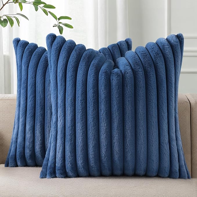 Pallene Faux Fur Plush Throw Pillow Covers 26x26 Set of 2, Luxury Soft Fluffy Striped Decorative Pillow Covers for Sofa, Couch, Living Room, Navy Blue