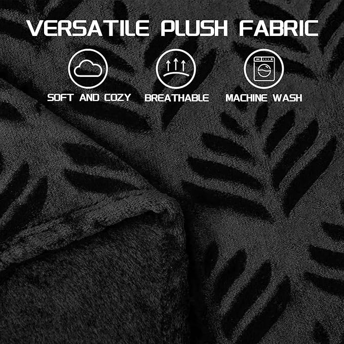 Exclusivo Mezcla Fleece Throw Blanket for Couch, Super Soft and Cozy Blankets All Season Use, Leaves Pattern, Plush Fuzzy Lightweight, Black, 50x60 Inch
