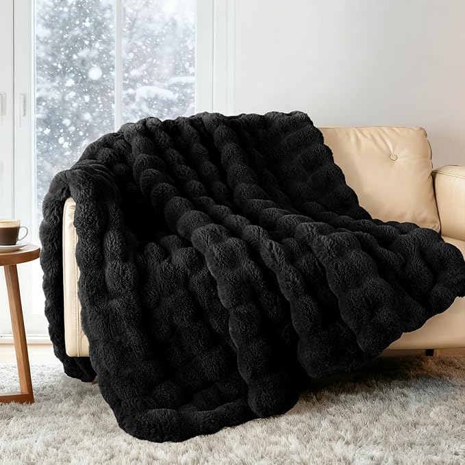 Exclusivo Mezcla Faux Fur Queen Size Blanket for Bed, Luxury Reversible 3D Rabbit Bubble Fuzzy Thick Sherpa Blankets for Winter, Plush Fleece Warm Cozy Bed Throw, 90x90 Inches, Black