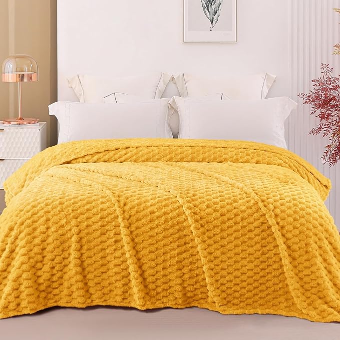Exclusivo Mezcla Fleece Twin Blanket for Bed, Extra Large Fuzzy Mustard Yellow Bed Blankets, Soft Cozy Plush Sofa Throws for All Seasons, 60x80 Inches