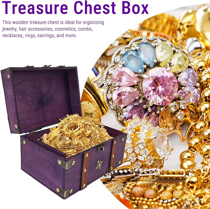 Vintage Treasure Chest Box, Wooden Jewelry Storage Box with Leather & Metal Accents, Decorative Retro Trunk for Home Bedroom Gifts (8.54x5.91x5.12in) (Purple)