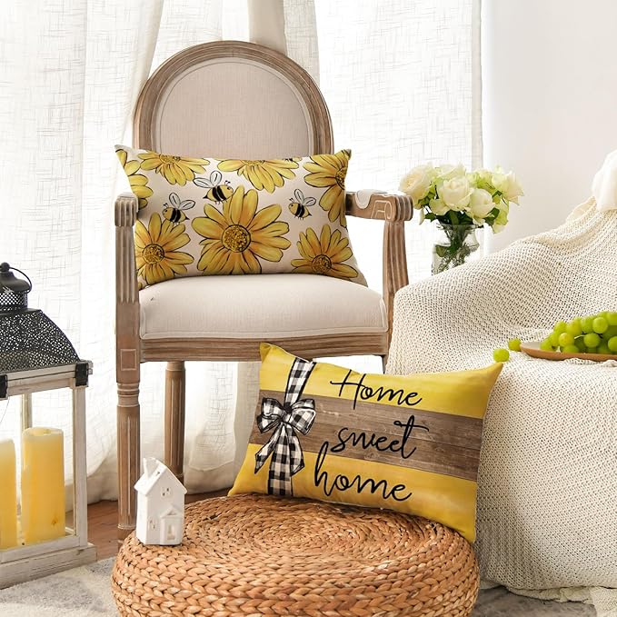 AVOIN colorlife Home Sweet Home Bee Sunflower Throw Pillow Covers, 12 x 20 Inch Love Lives Here Spring Summer Stripes Cushion Case for Sofa Couch Set of 4