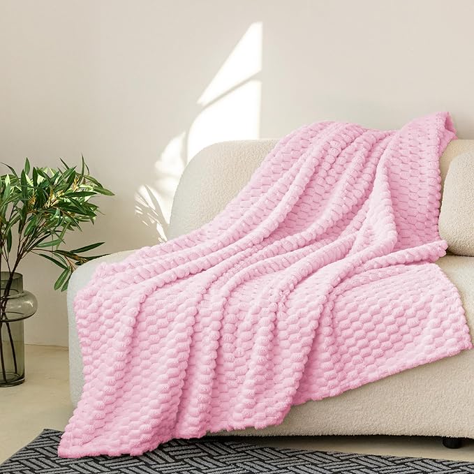 Super Soft Fleece Twin Blanket 50x70 Inches for Couch, Premium Silky with 3D Imitation Turtle Shell Jacquard Decorative Blankets, Lightweight and Cozy for Sofa.Light Pink-1