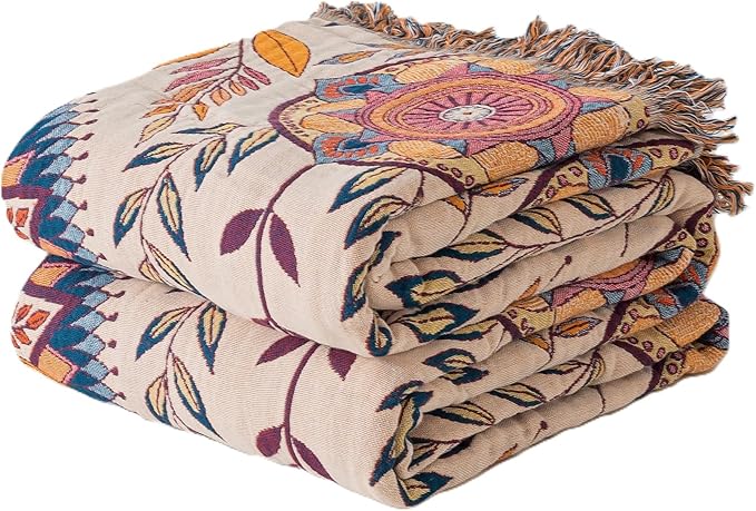 Boho Throw Blanket Queen Size, Soft Cozy Cotton Muslin Quilt Blanket for Bed Decor, Floral Patterned Couch Sofa Chair Cover, Vintage Farmhouse Cottage Tapestry Woven Blanket, Beige&Blue