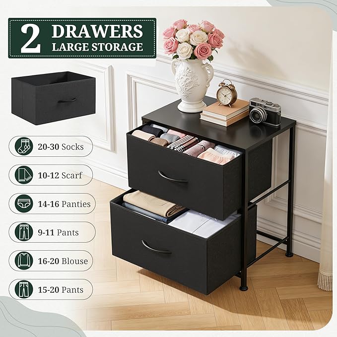 Nightstand Upgraded, Small 2 Drawer Dresser End Table Bedside Furniture, Wooden Top Fabric Bins for Bedroom, Closet, Entryway, Dorm, 11.8" D x 18" W x 20", Charcoal Black