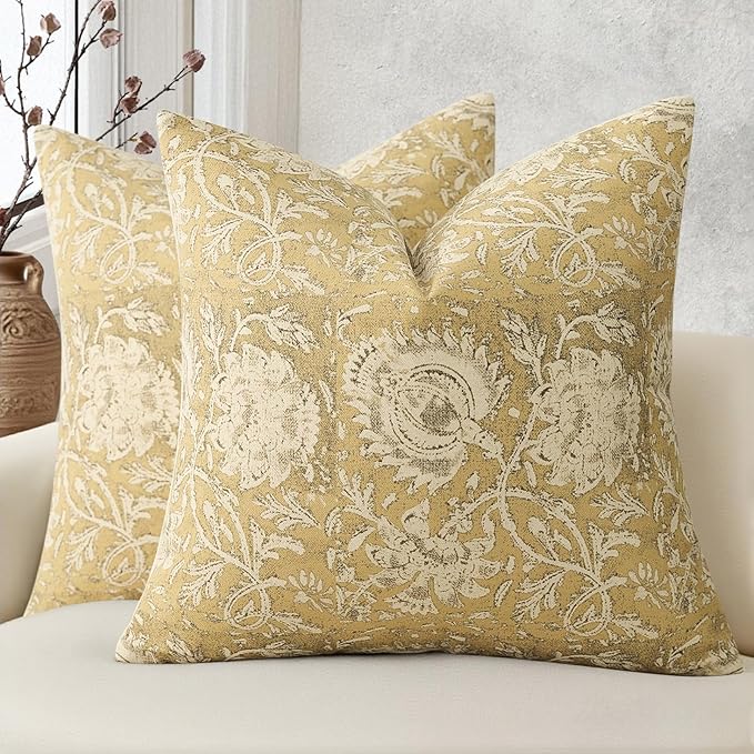 Vintage Floral Print Throw Pillow Covers 24x24 Set of 2 Neutral Modern Farmhouse Pillowcases Accent Decorative Cushion Covers Boho Home Decor for Couch Sofa Chair Bed Living Room, Yellow