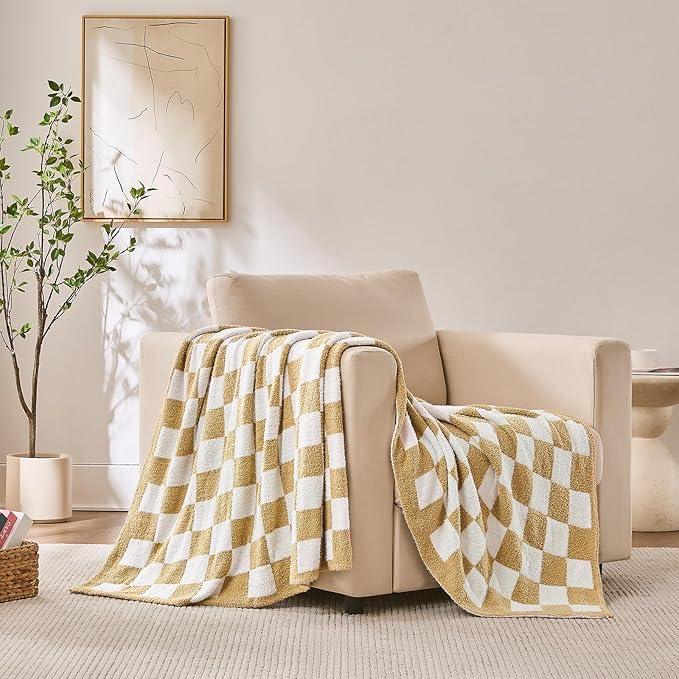 Checkered Throw Blanket, Khaki Soft Cozy Fluffy Knitted Throw Blankets for Couch, Sofa, Bed, Chair, Warm Fuzzy Travel Picnic Lightweight Plaid Blanket, 50x70 inches
