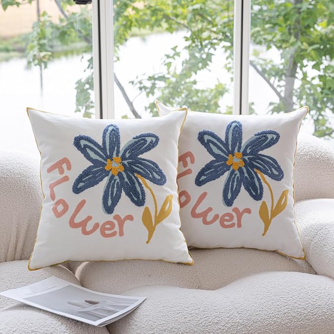 YIcabinet Pillow Covers Set of 2, Embroidered Blue Flower Pattern Throw Pillow Cover,Square Cotton Cushion,Pillow Case for Sofa Bedroom Couch,18"x18"
