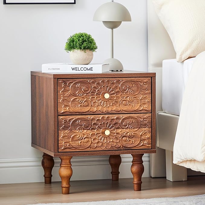 Nightstand, Farmhouse Bedside Table with 2 Drawers and Metal Handles, Wood Sofa Side Table End Table Accent Dresser for Bedroom, Living Room (Walnut-2 Packs) (15.75 x 16.02 x 18.15 Inch)