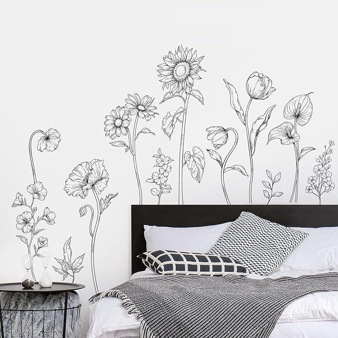 Large Black and White Flower Wall Decals, 3 Sheets Simple Modern Minimalist Sunflower Tulip Wall Stickers Floral Art Decor for Girls Bedroom Home Room Office Adult Gifts for Mom(11.8x35.4 in/Sheet)
