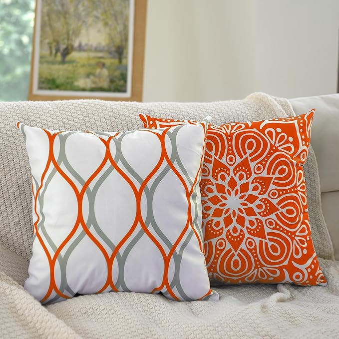 Coliuso Decorative Throw Pillow Covers 18x18 inch Set of 4,Orange and White Modern Simple Square Pillow Case Cushion Cover for Sofa Couch Farmhouse Outdoor Living Room (Burnt Orange and White)