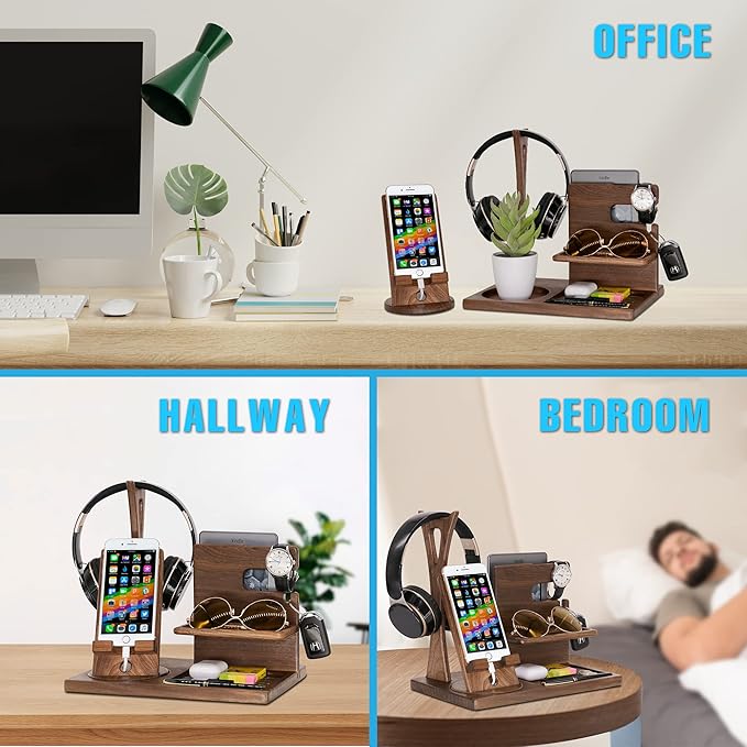Personalized Desk Organizer for Retirement - Handmade Accessories Organizer with Rotating Phone Stand, Headphone Stand, Watch Holder - Unique Gift Ideas for Husband Boyfriend on Birthday Anniversary