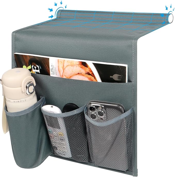 WOMACO Bedside Remote Control Holder, Bed Caddy with Water Bottle Holder Bed Side Organizer for Phones, Magazines, Tablets, Accessories - Medium, Gray