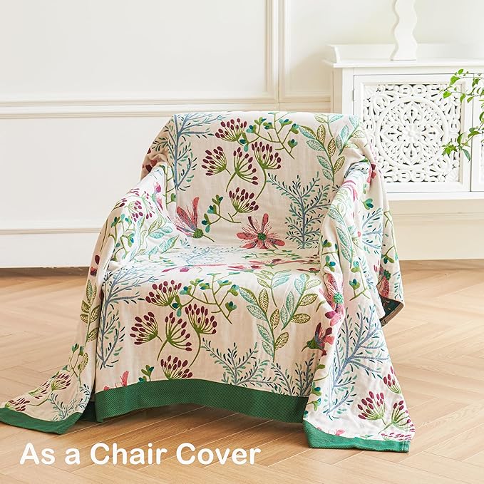 Boho Throw Blanket, 100% Organic Cotton Breathable Ultra Soft 60" x 80" Bed Quilt Throw - All Season Floral Rustic Farmhouse Decor Luxury Reversible Blanket for Sofa Couch Chair and Gift
