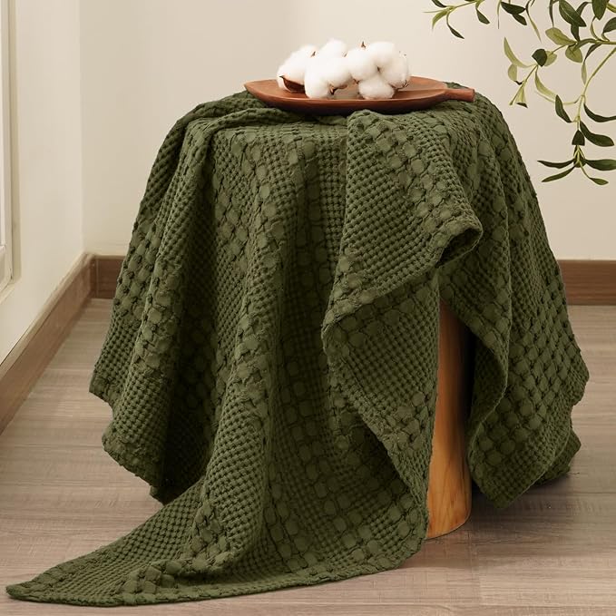 PHF 100% Cotton Waffle Weave Throw Blanket, Soft Lightweight Breathable Cozy Throws for Couch Bed Sofa, Luxury Aesthetic Blanket Gift for Home Decor & Office, 50"x60", Capulet Olive